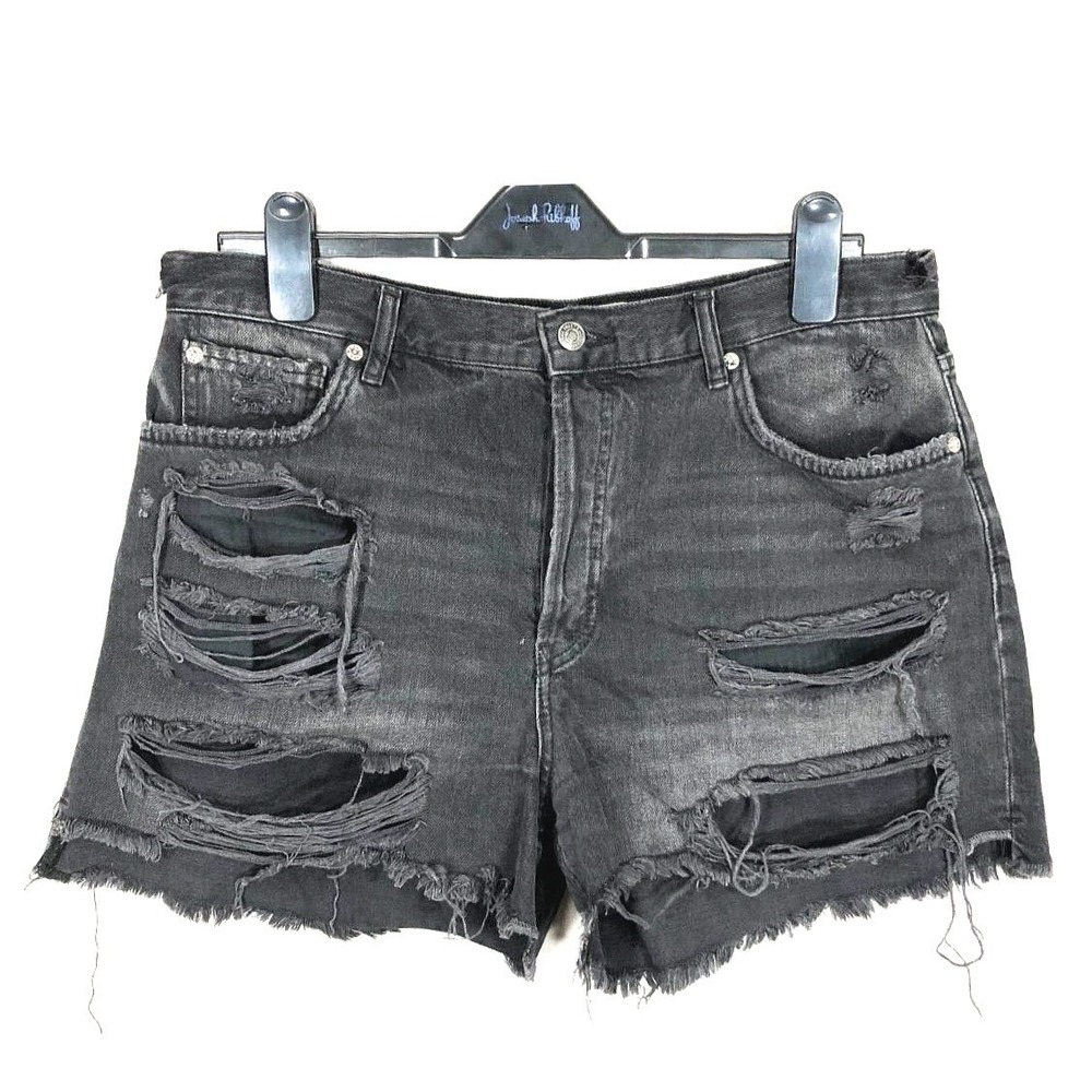 WE THE FREE People DESTROYED Button-Fly HIGH-RISE Black MAGGIE JEANS SHORTS  31